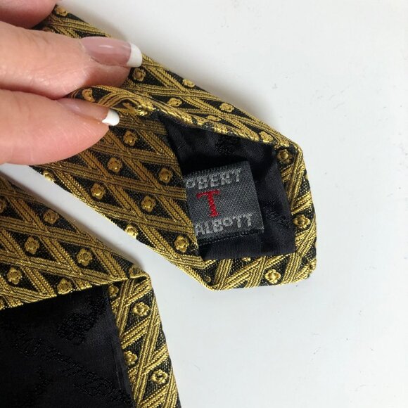 Robert Talbott Protocol Gold Black Geometric Silk Tie Pocket Square Mens Necktie - Picture 7 of 8